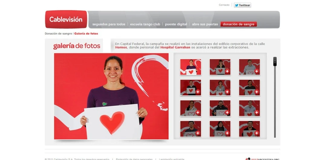 Cablevisión blood donation gallery — featured photo and thumbnail grid with heart signs