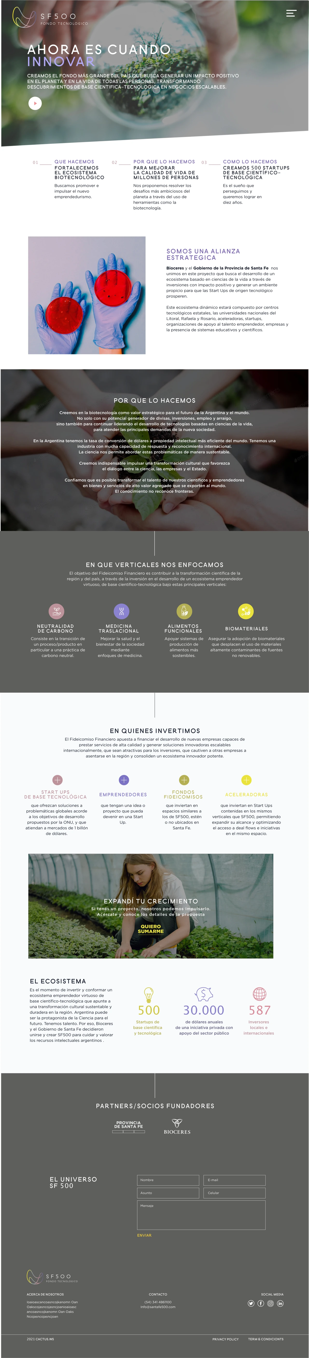SF500 homepage — science to startup positioning