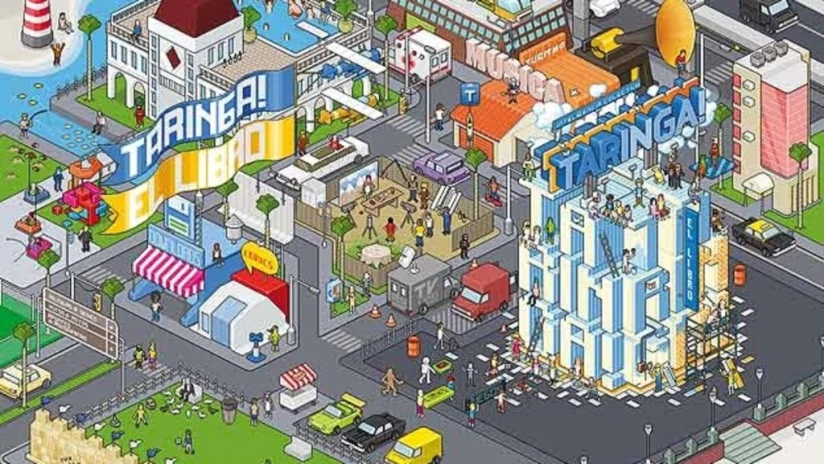 Isometric pixel-art city representing Taringa! categories—music, downloads, comics, tourism, and more