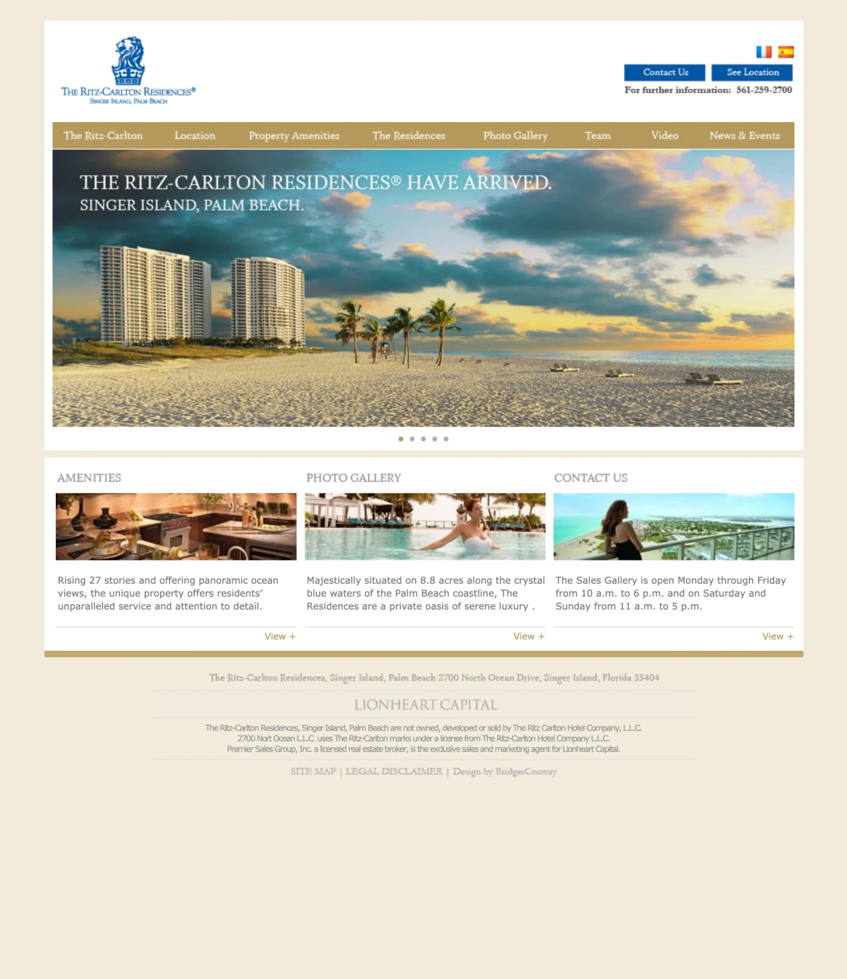 Ritz-Carlton Residences homepage — hero slider and amenity, gallery, and contact columns