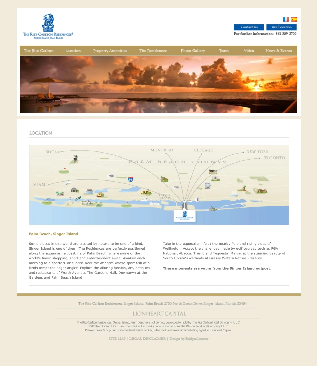 Ritz-Carlton location page — illustrated Palm Beach map with city connections and Singer Island pin