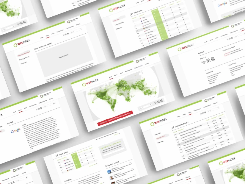 The Web Index website mockup — homepage, index table, indicators, and communication pages
