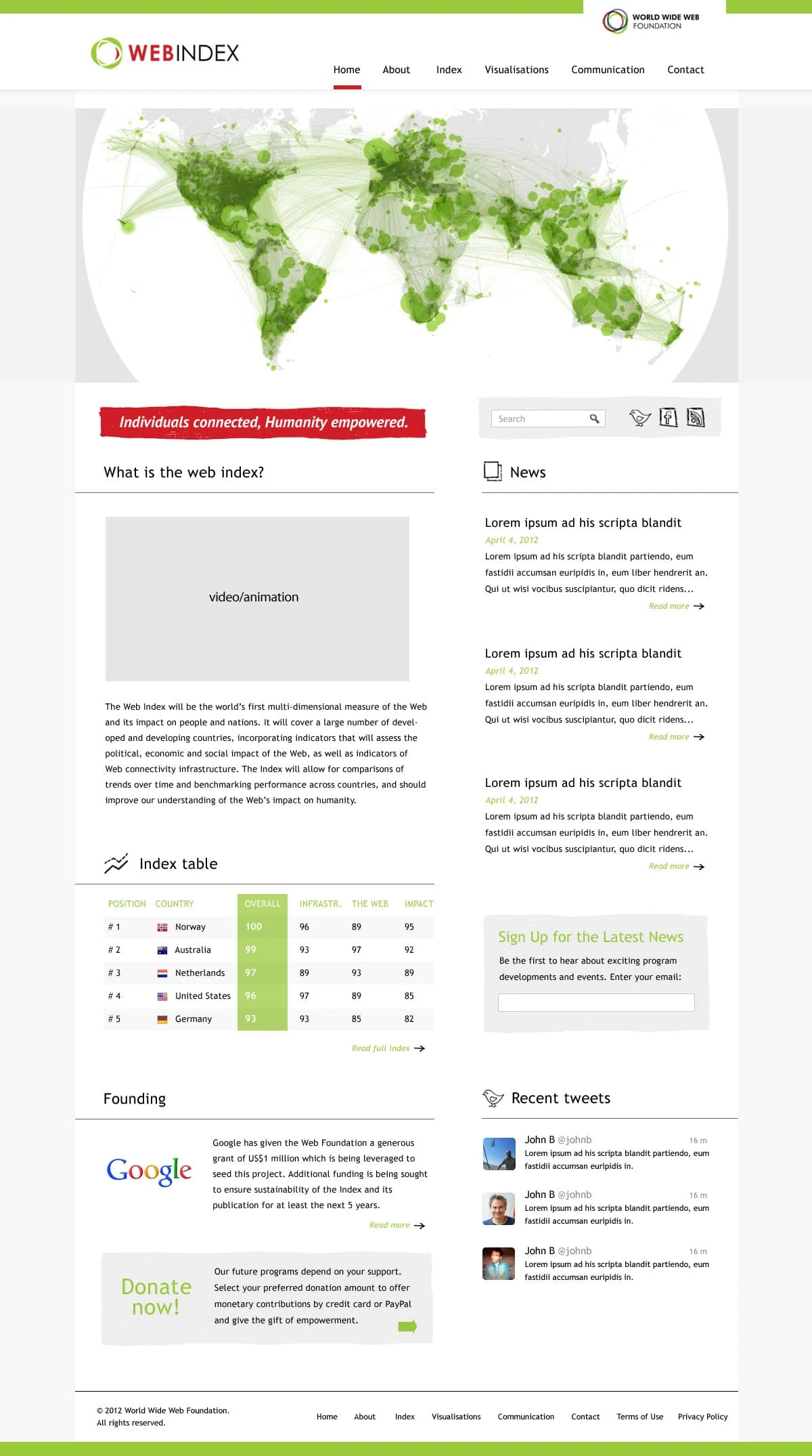 The Web Index homepage — global map hero, index table preview, news, and donate module