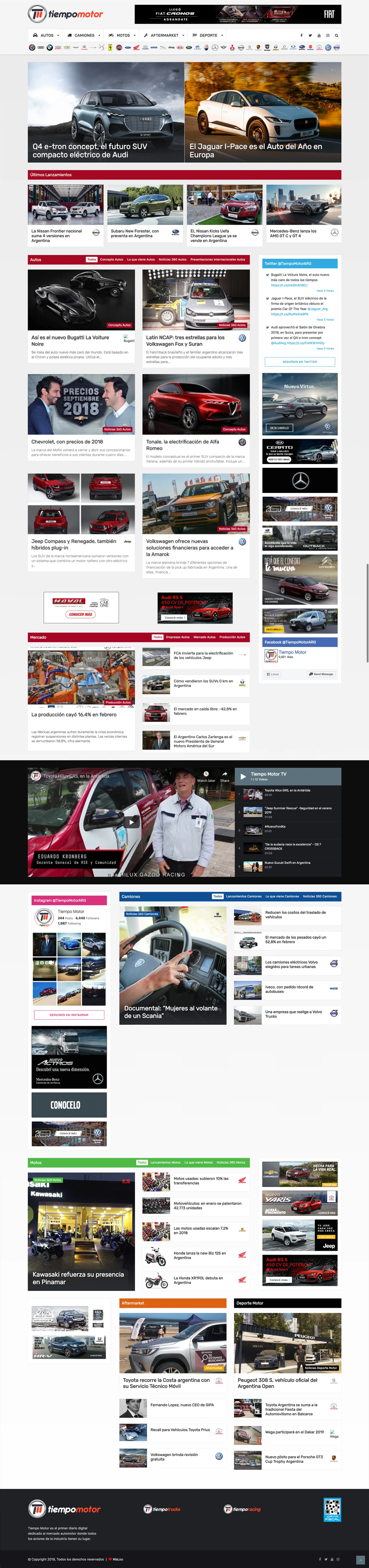 Tiempo Motor homepage with automotive news sections and brand navigation