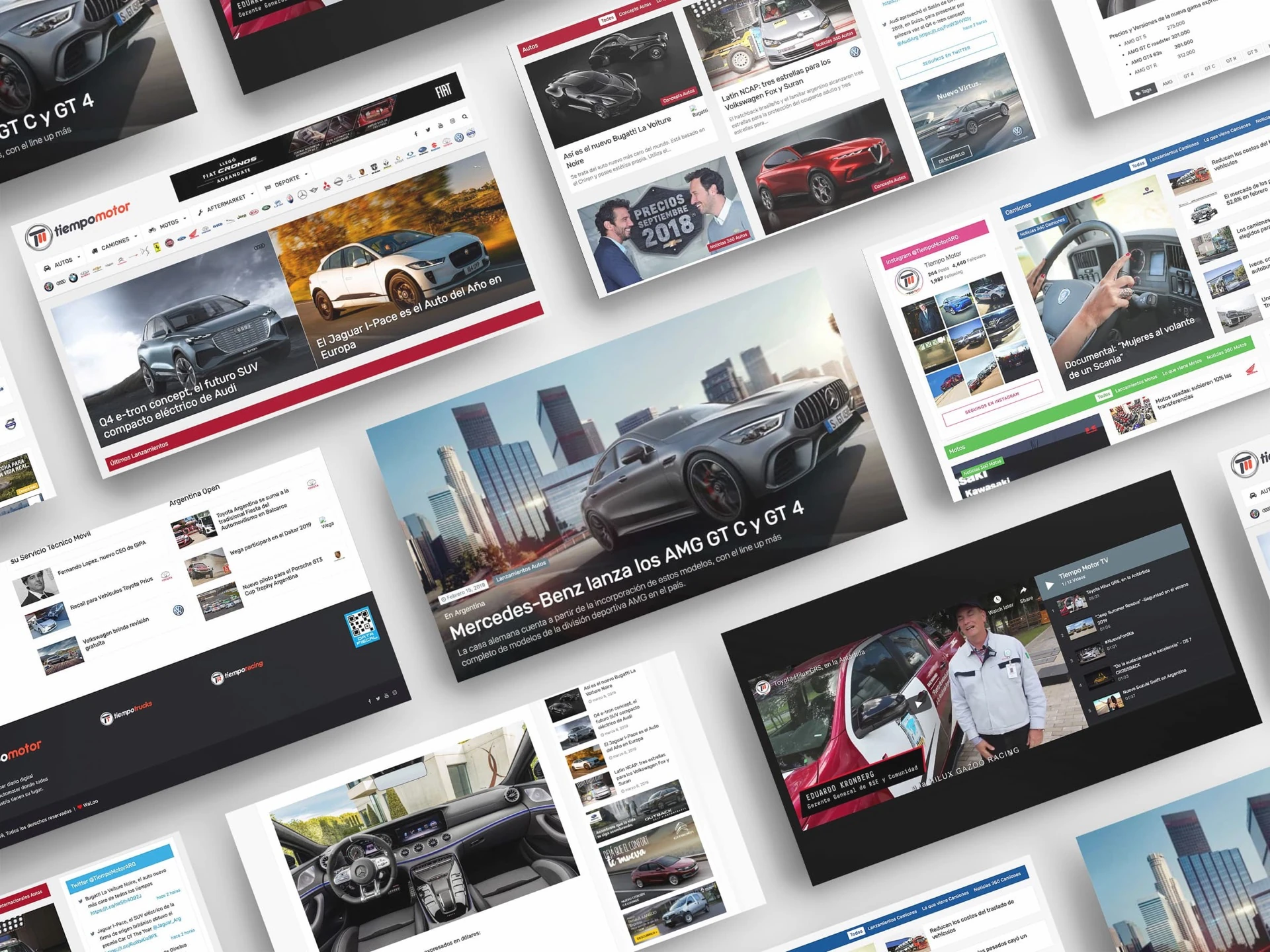 Collage of Tiempo Motor homepage, article, and editorial screens