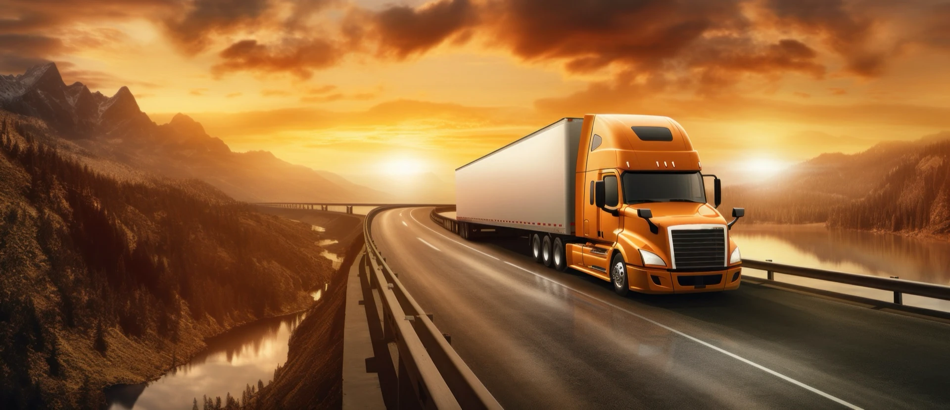 Semi-truck on a mountain highway at golden hour — land freight transport for Tiempo Trucks