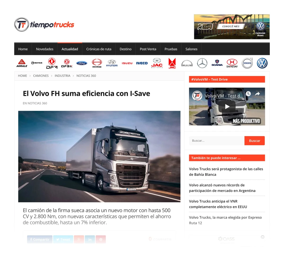 Tiempo Trucks article — Volvo FH efficiency with I-Save
