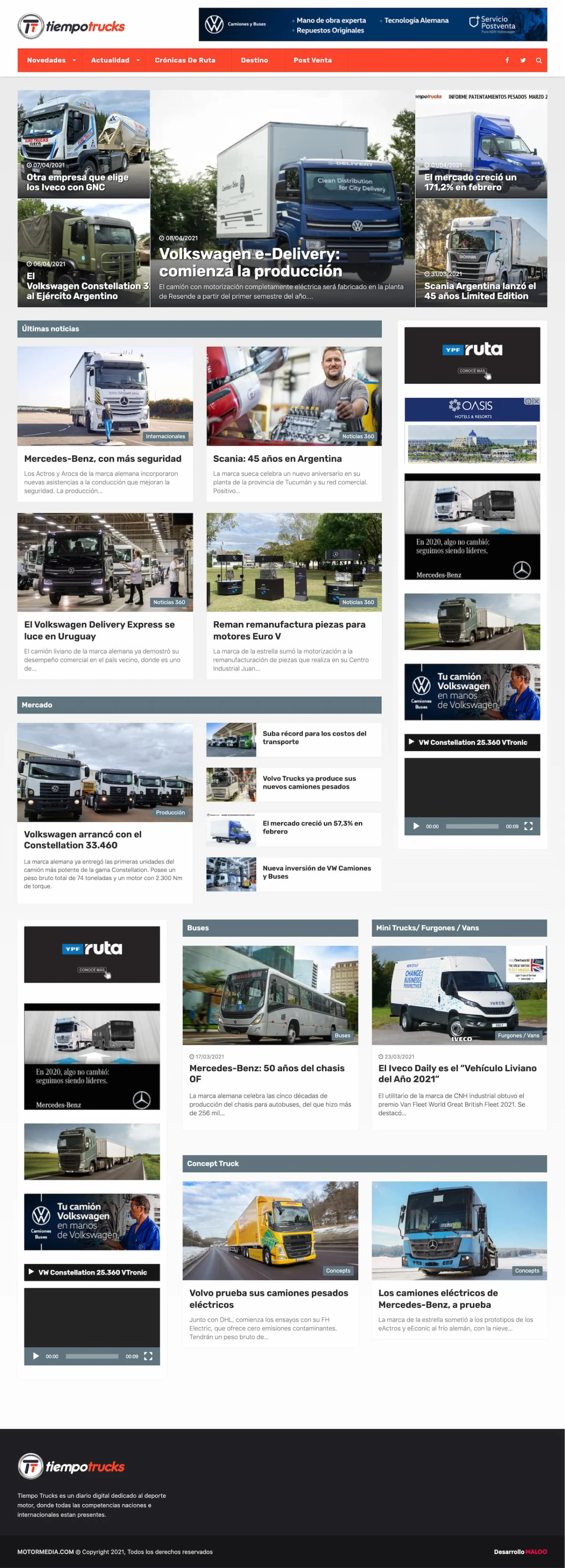 Tiempo Trucks homepage with truck OEM logos, news grid, and latest launches