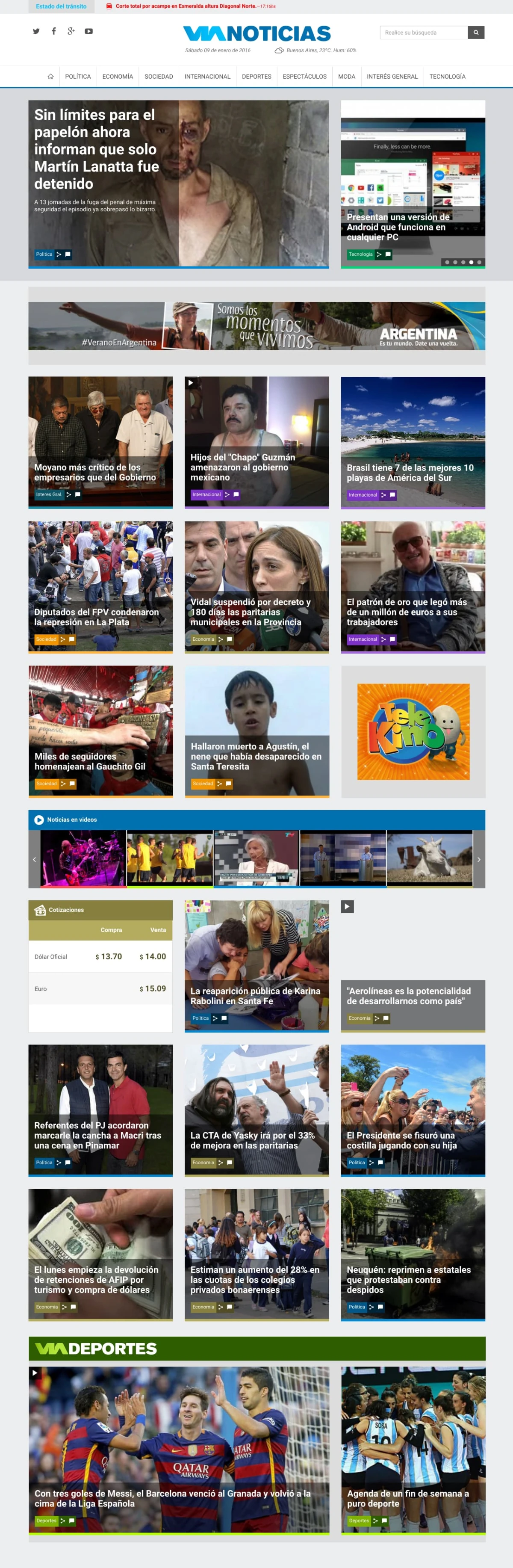 Vía Noticias homepage with featured slider, category navigation, news grid, and Vía Deportes section