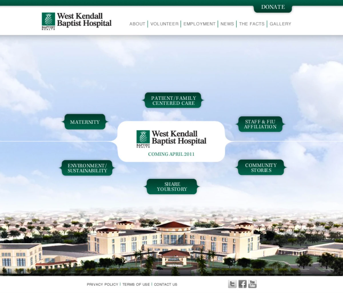 West Kendall Baptist Hospital hub landing — animated care-topic navigation around Coming April 2011