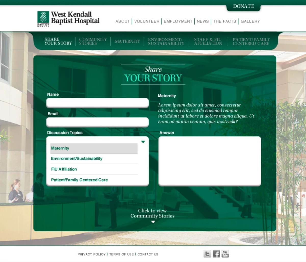 West Kendall Share Your Story form — topic selector, contact fields, and story submission