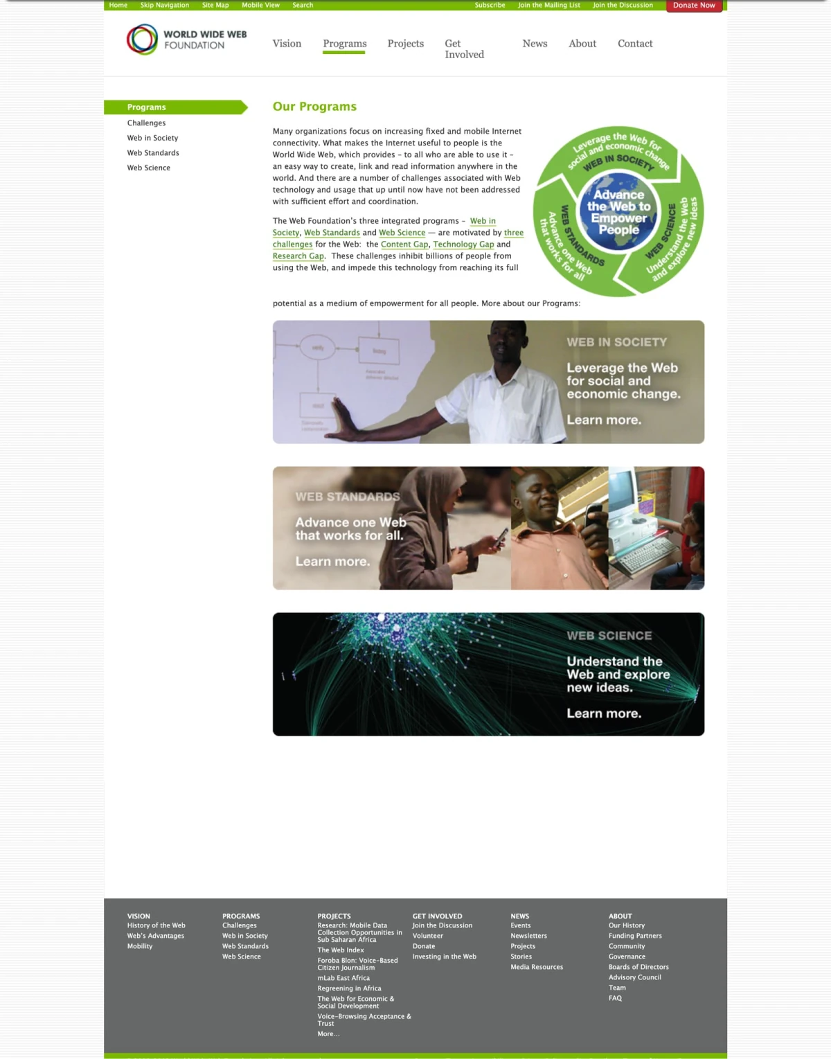 World Wide Web Foundation programs page — Web in Society, Web Standards, and Web Science