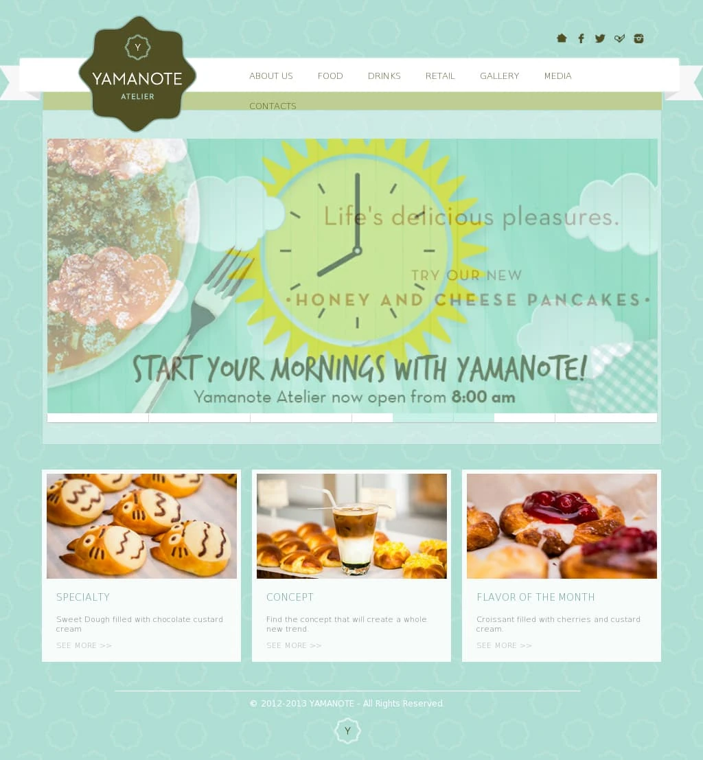 Yamanote Atelier homepage — mint brand, hero slider, and Specialty, Concept, and Flavor of the Month columns